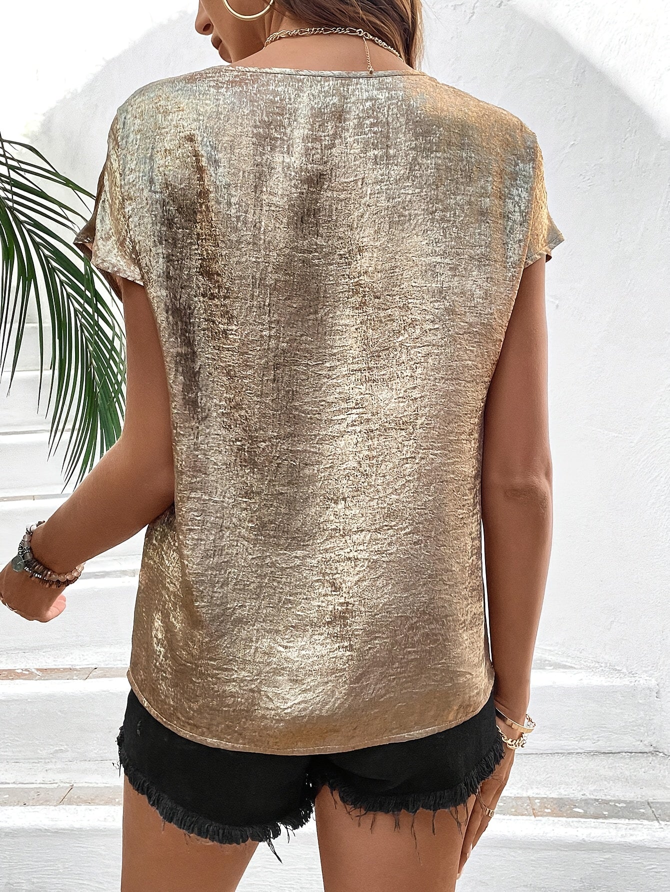 Women's V-Neck Top Short Sleeve Polyester Golden Foil Print Casual Vacation All Seasons