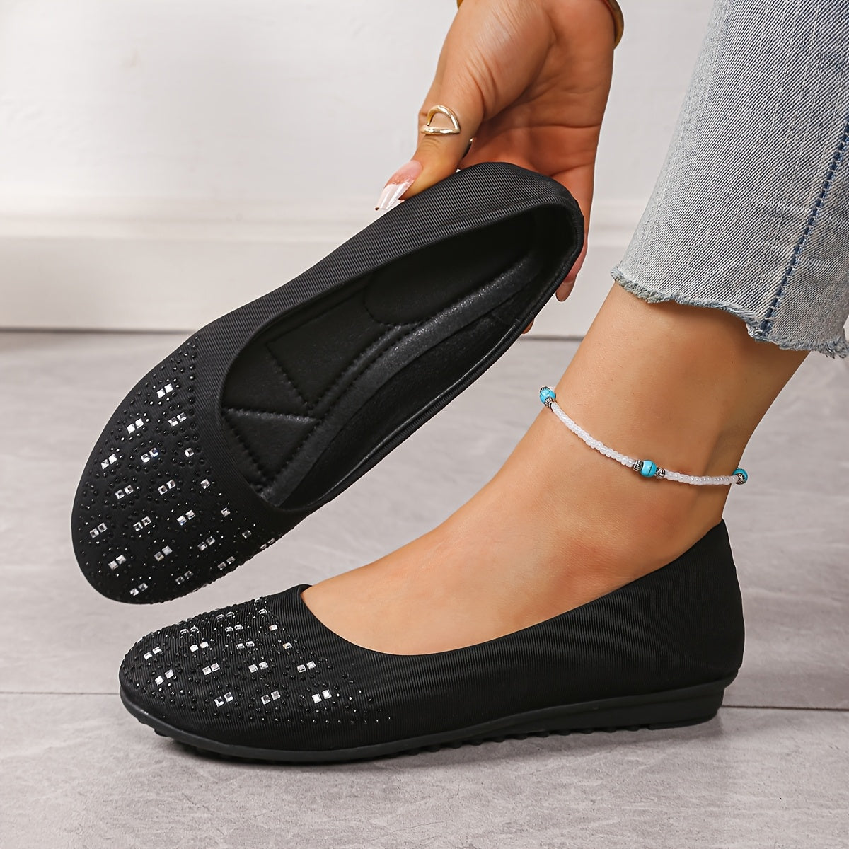 Women's Glittery Rhinestone-Embellished Slip-On Flats Black Fabric All-Season Shoes