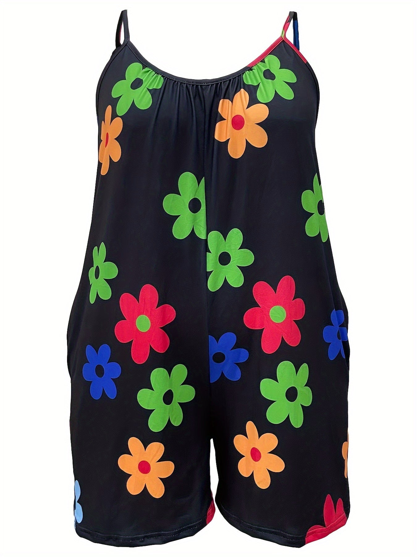 Plus Size Women's Floral Print Jumpsuit Bohemian Style Romper with Pockets