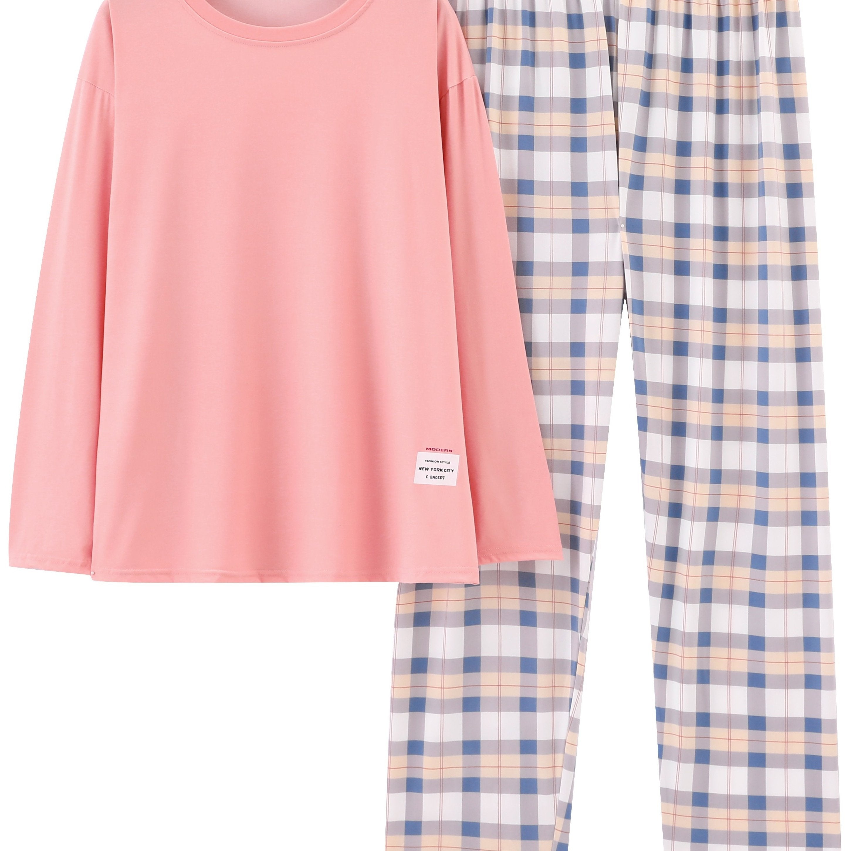 Plus Size Casual Pajamas Set Women Long Sleeve Tee and Plaid Pants Comfortable Loungewear