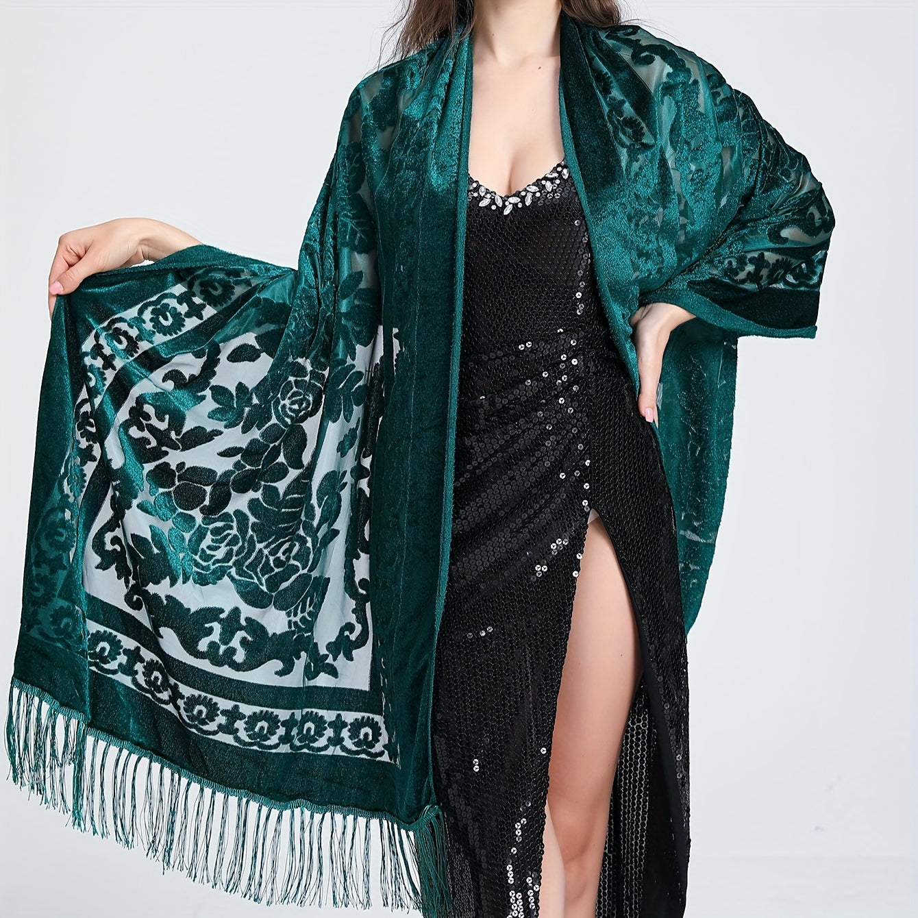 Black Floral Lace Shawl with Tassels and Rose Pattern for Evening Events