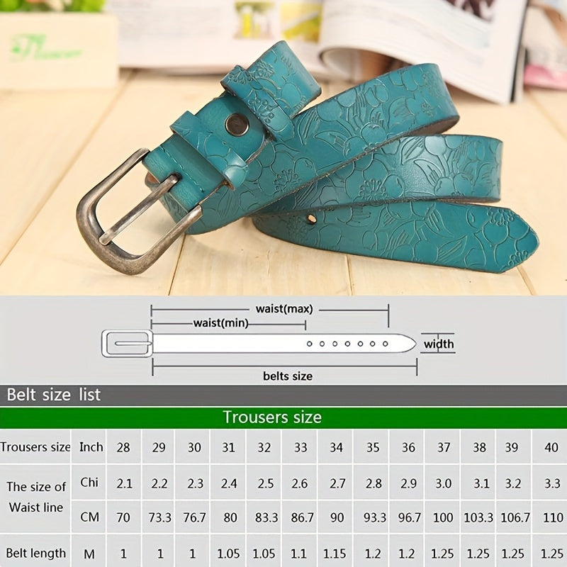 Women's Leather Flower Embossed Belt with Vintage Pin Buckle for Casual Jeans