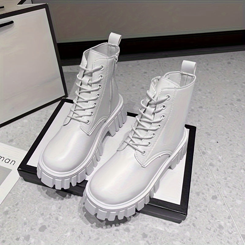 Women's Mid-Calf Combat Boots Lace-Up Platform Sole Black White
