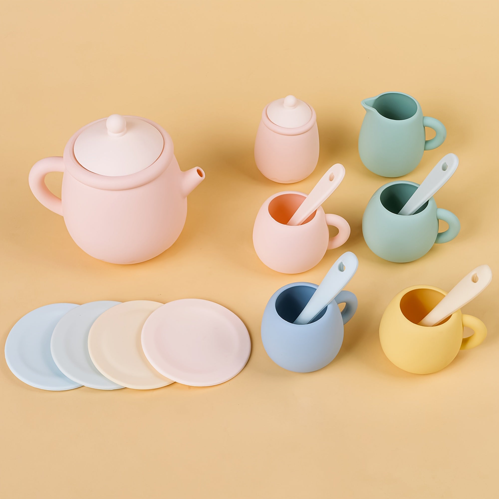 Kids' Silicone Tea Set for Kids Non-Toxic Safe Play Kitchen Toy in Pink Green Blue Yellow