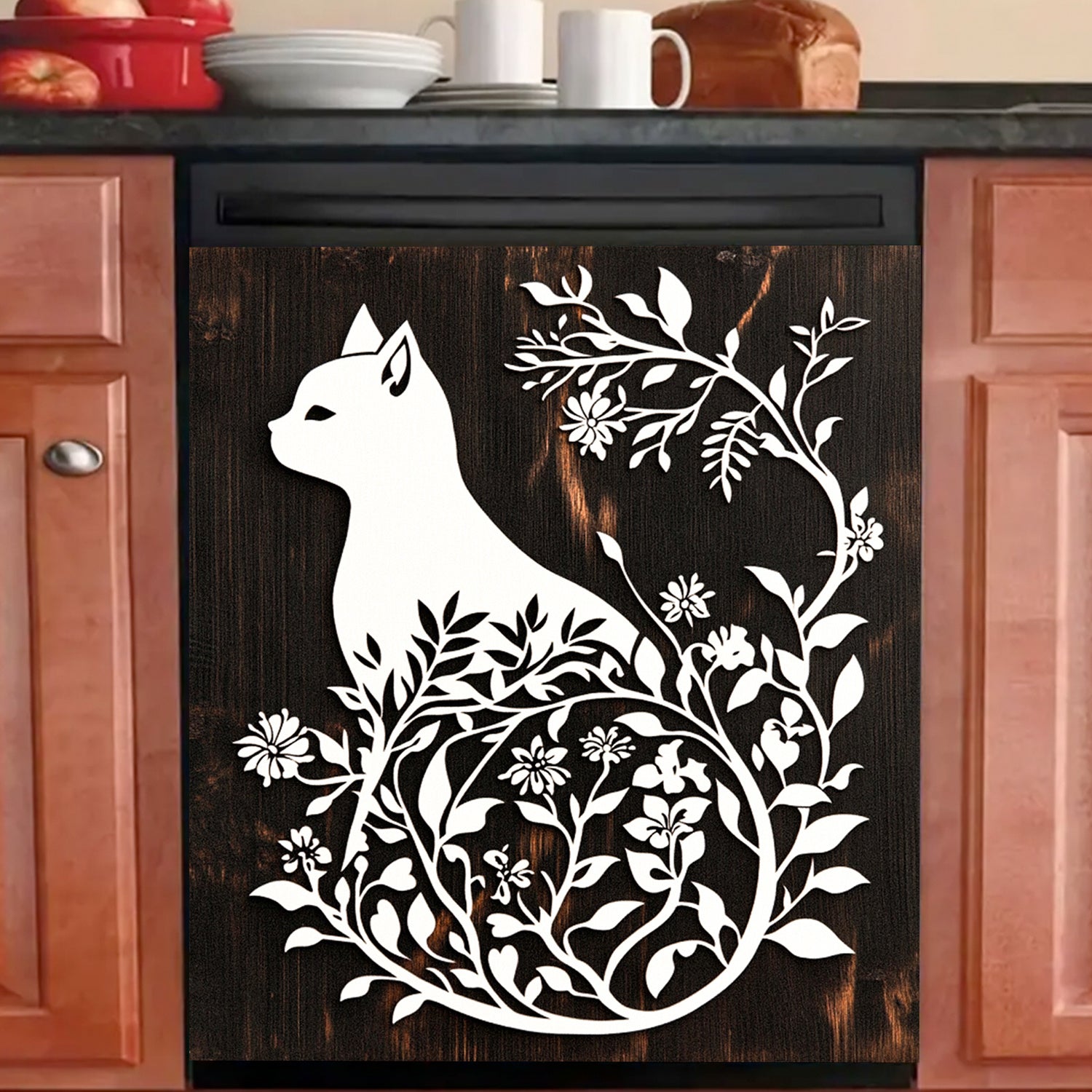 Silhouette Floral Cat Dishwasher Magnet Cover Waterproof Heat-Resistant Black Wood Design