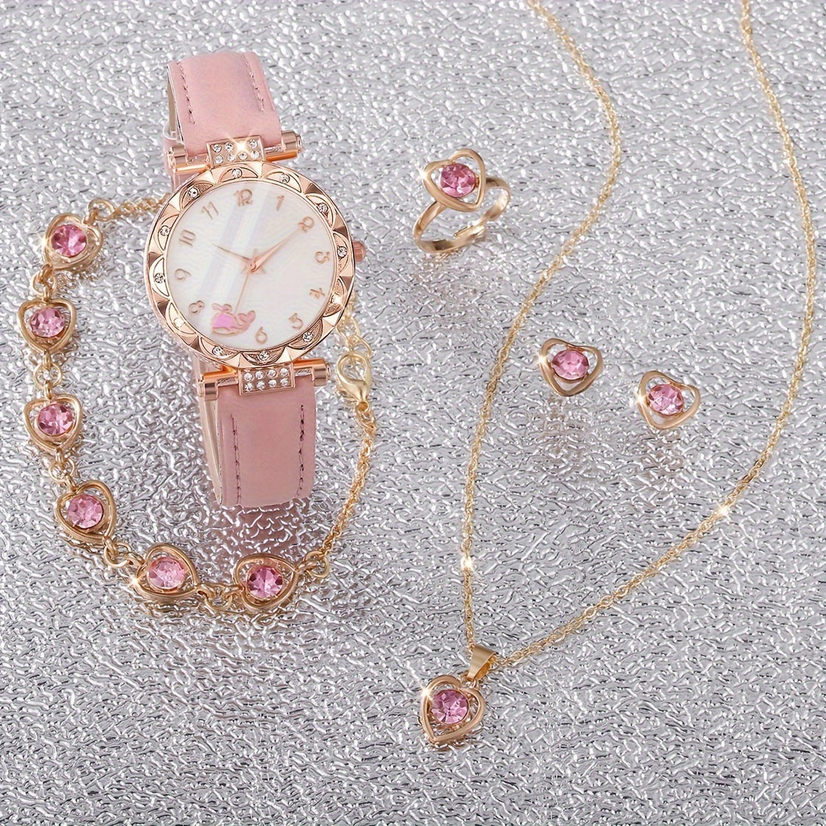 6 ta ayollar moda soatlari va zargarlik buyumlari to'plami, pushti faux charm, rhinestone aksessuarlar