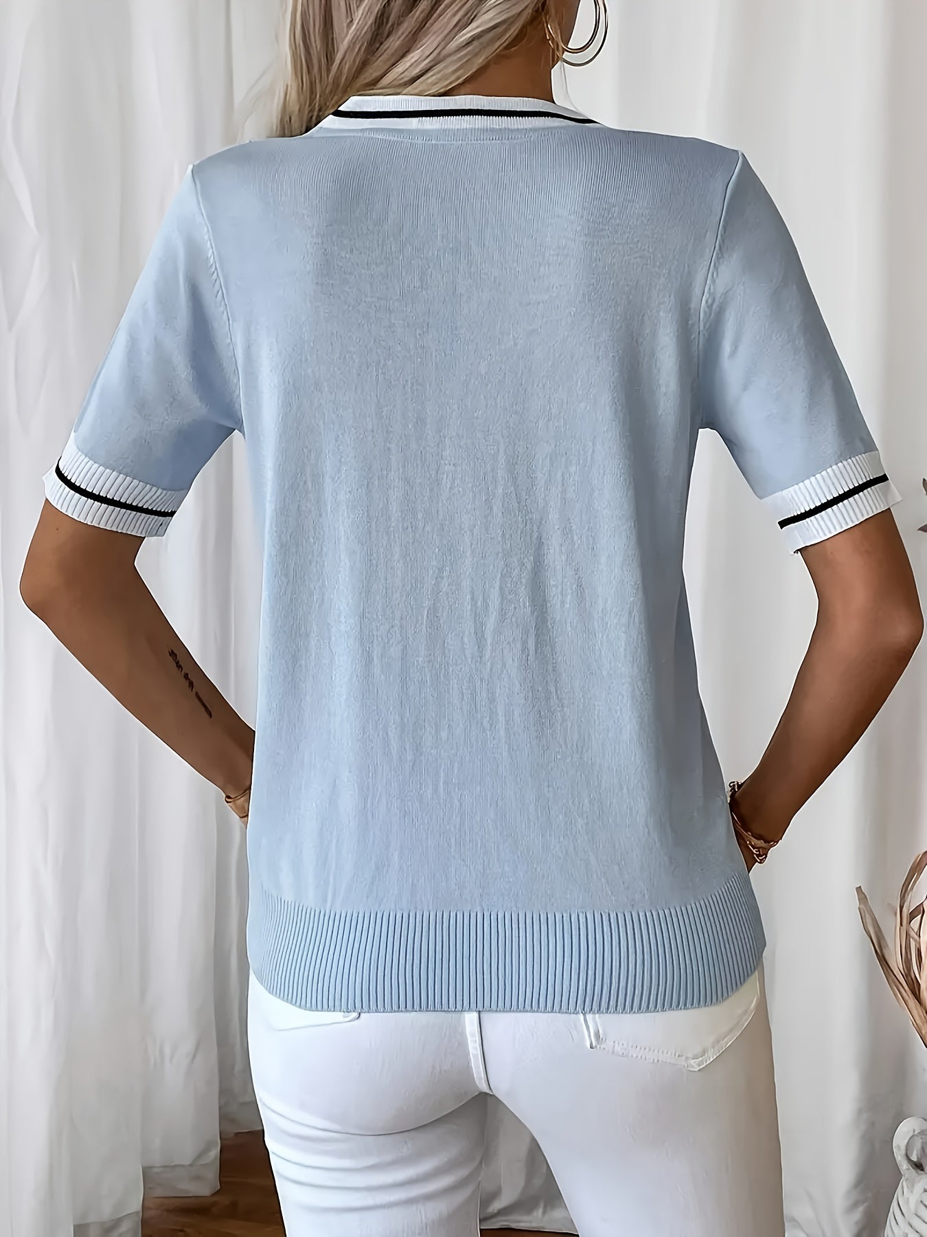 Plus Size Women's V-Neck Blouse Short Sleeve Light Pink Casual Stretch