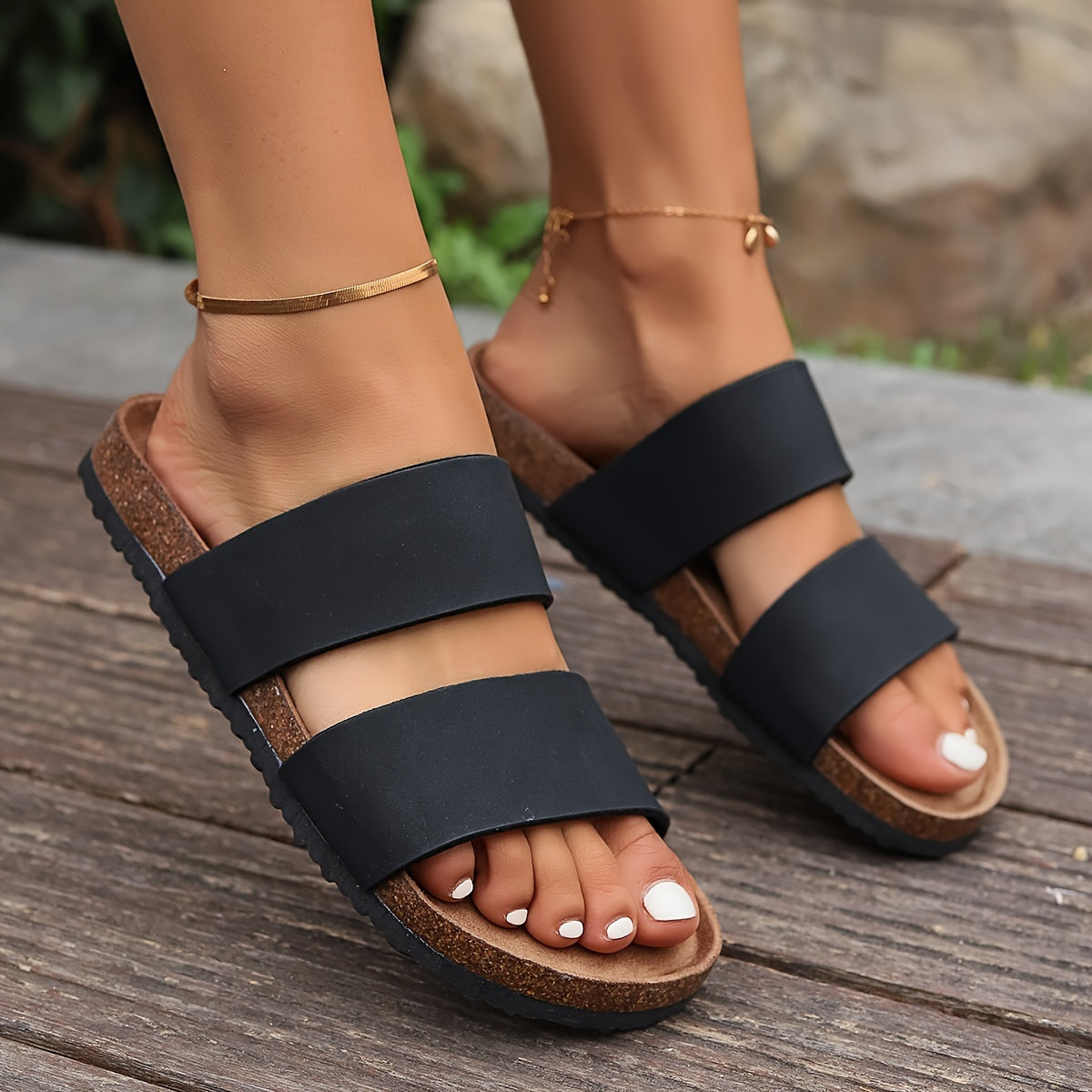 Women's Double Strap Slide Sandals Casual Open Toe Flat Faux Cover Black White Gray Brown
