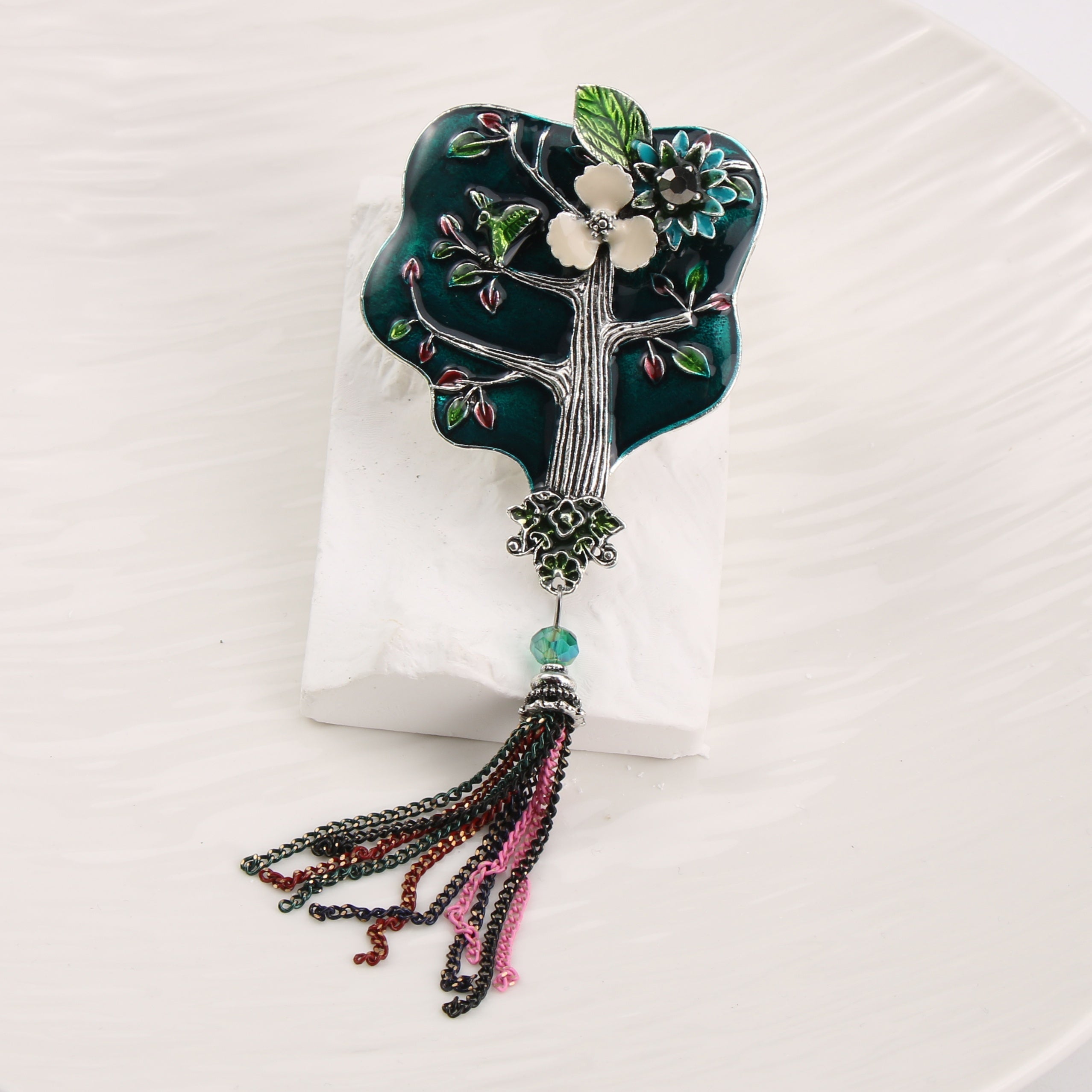 Vintage Enamel Tree Brooch with Tassel for Women Jewelry Gift Accessory