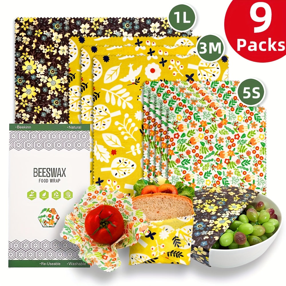 Food Covers Set 9 Pieces Beeswax Wraps Reusable Food Preservation for Leftovers and Fruits