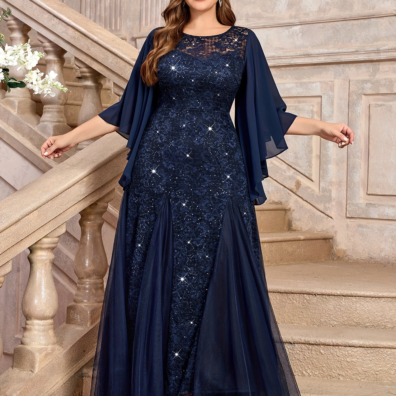 Elegant Floral Mermaid Dress with Butterfly Sleeves Sequin Lace Mesh Evening Gown