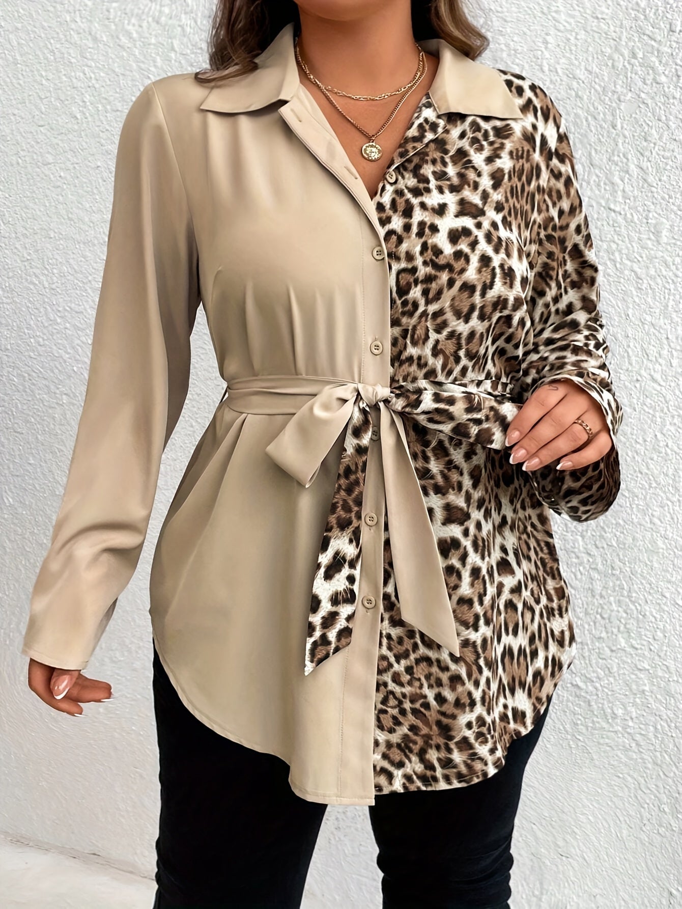 Women's Polyester Jersey Leopard Print Shirt Crew Neck Autumn Winter
