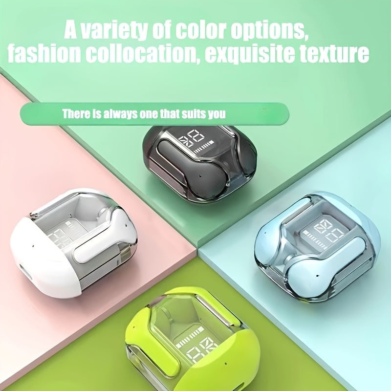 Новые беспроводные внутриканальные наушники с полупрозрачным многоцветным дизайном и LED-дисплеем.