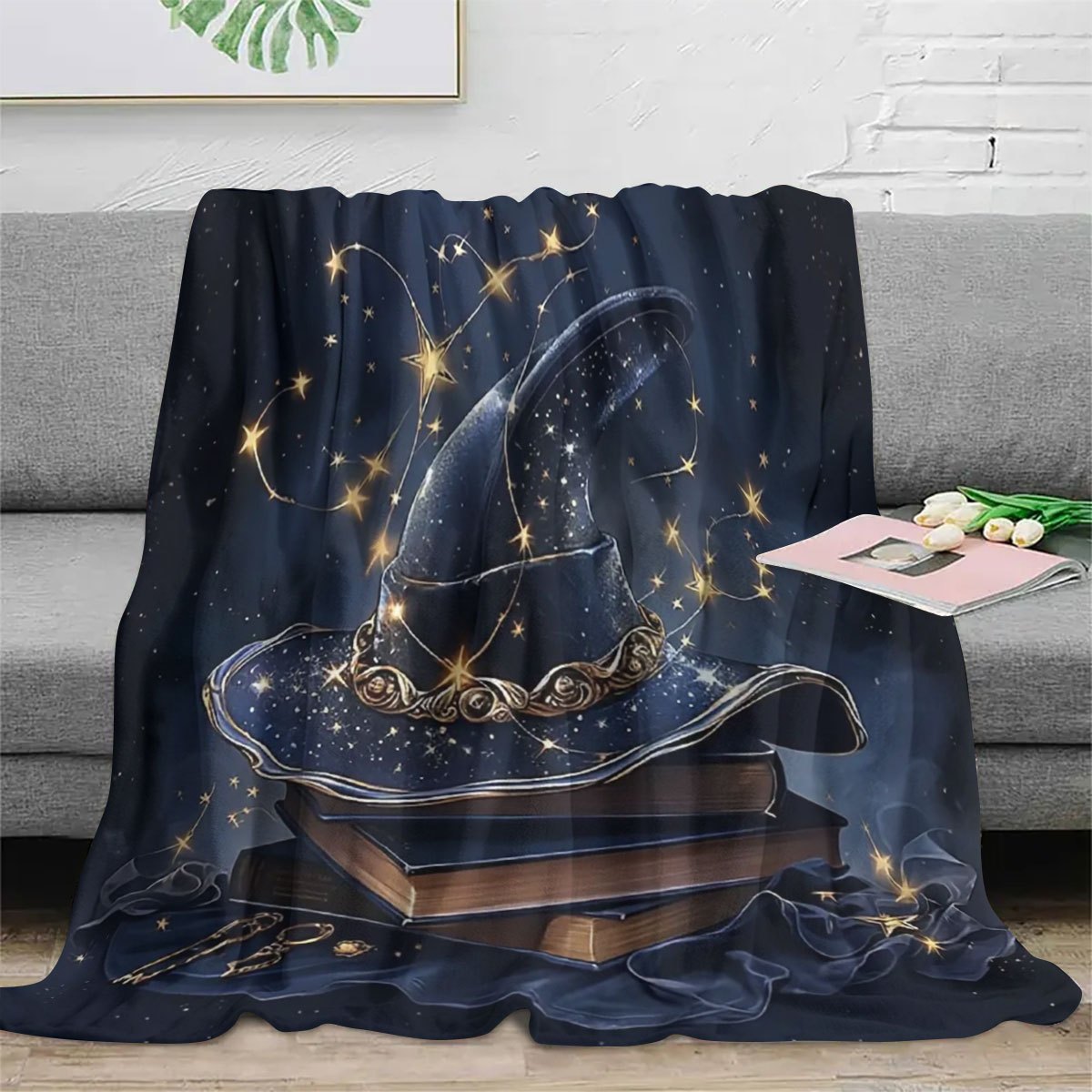 Halloween Large Book and Witch Hat Printed Flannel Fleece Throw Blanket