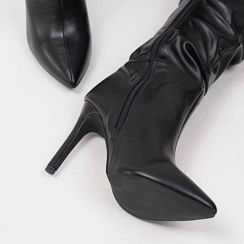 Women's Solid Color Point Toe Over The Knee Stiletto Boots with Side Zipper