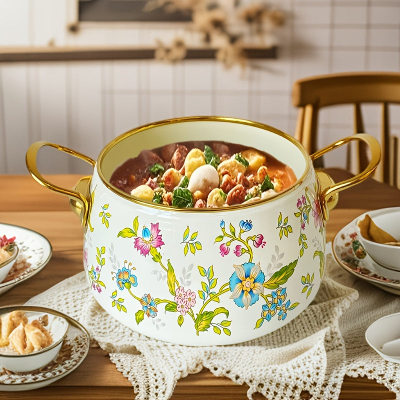 Zarif Frantsuz Gullar Enamel Pechka Qozon - Induksion Pishirish Plitalari uchun Mukammal, Elektr energiyasi talab qilinmaydi - Uy Oshxona va Ovqatlanish uchun Ideal