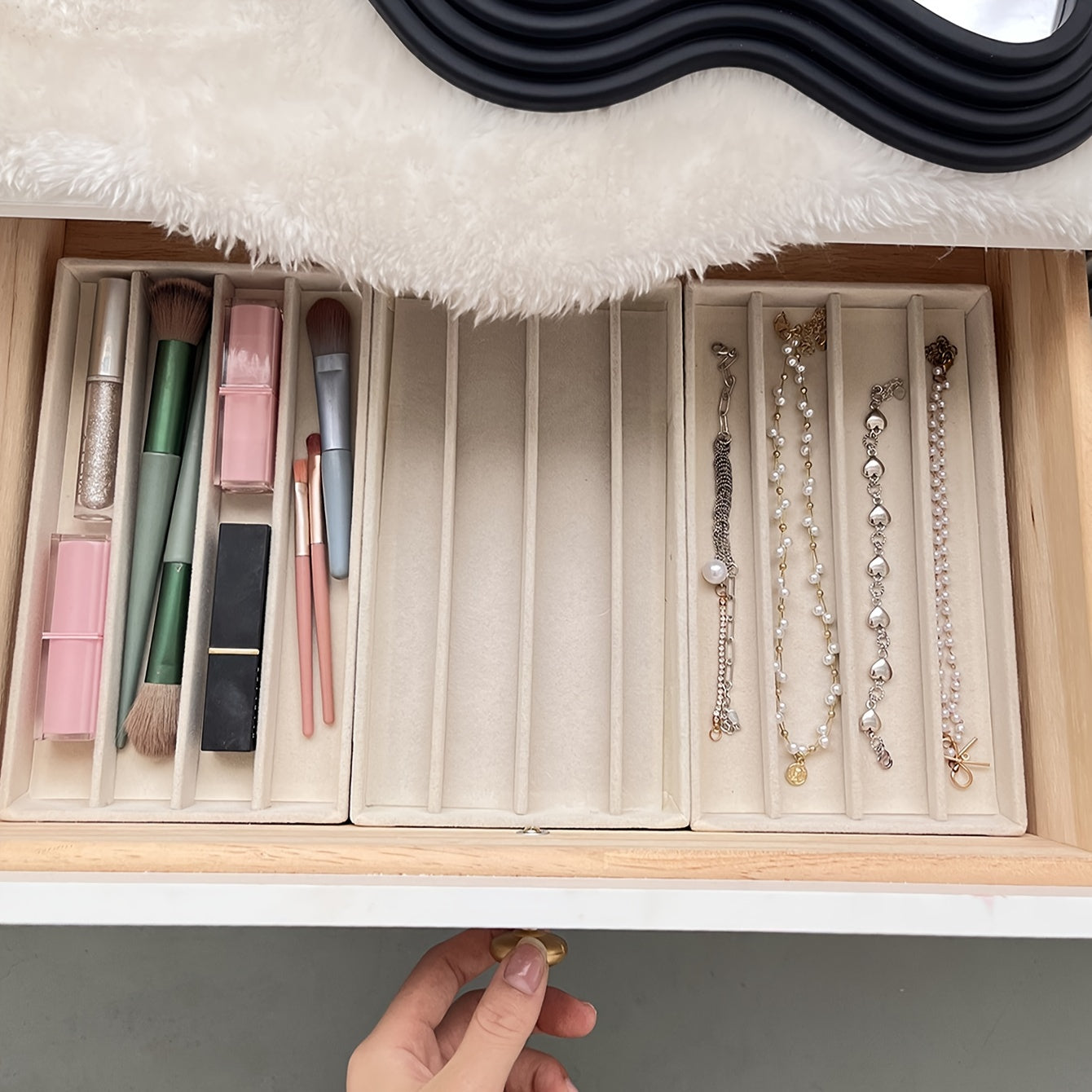 Jewelry Organizer Drawer Tray Beige Grey Earring and Ring Storage with Hooks