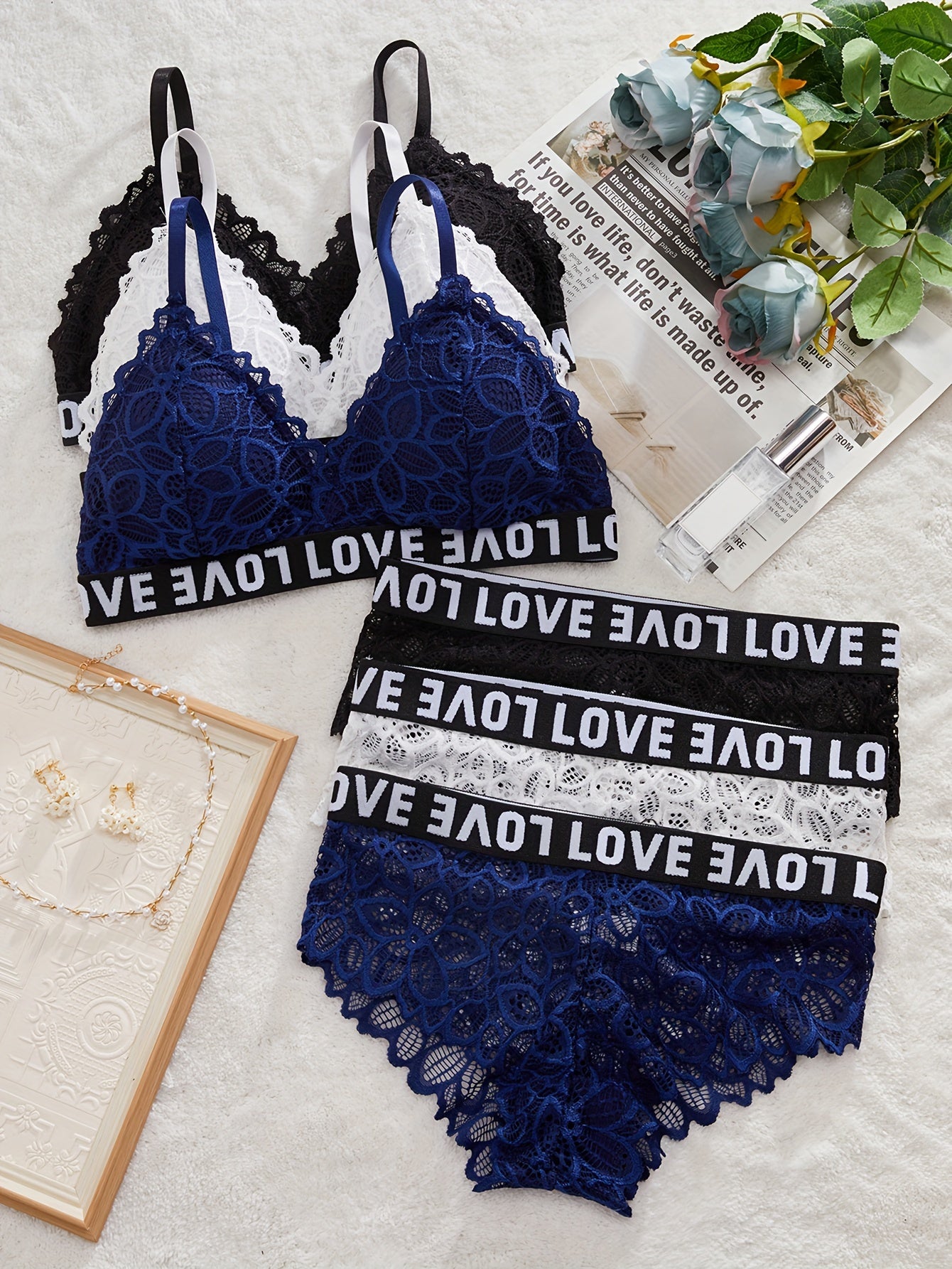 Women's Lace Lingerie Set with Contrast Wireless Bra and Panties