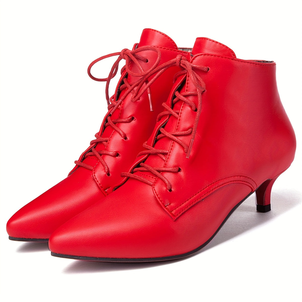 Women's White Pointed Toe Mid-Heel Ankle Boots Lace-Up Faux Cover Rubber Sole