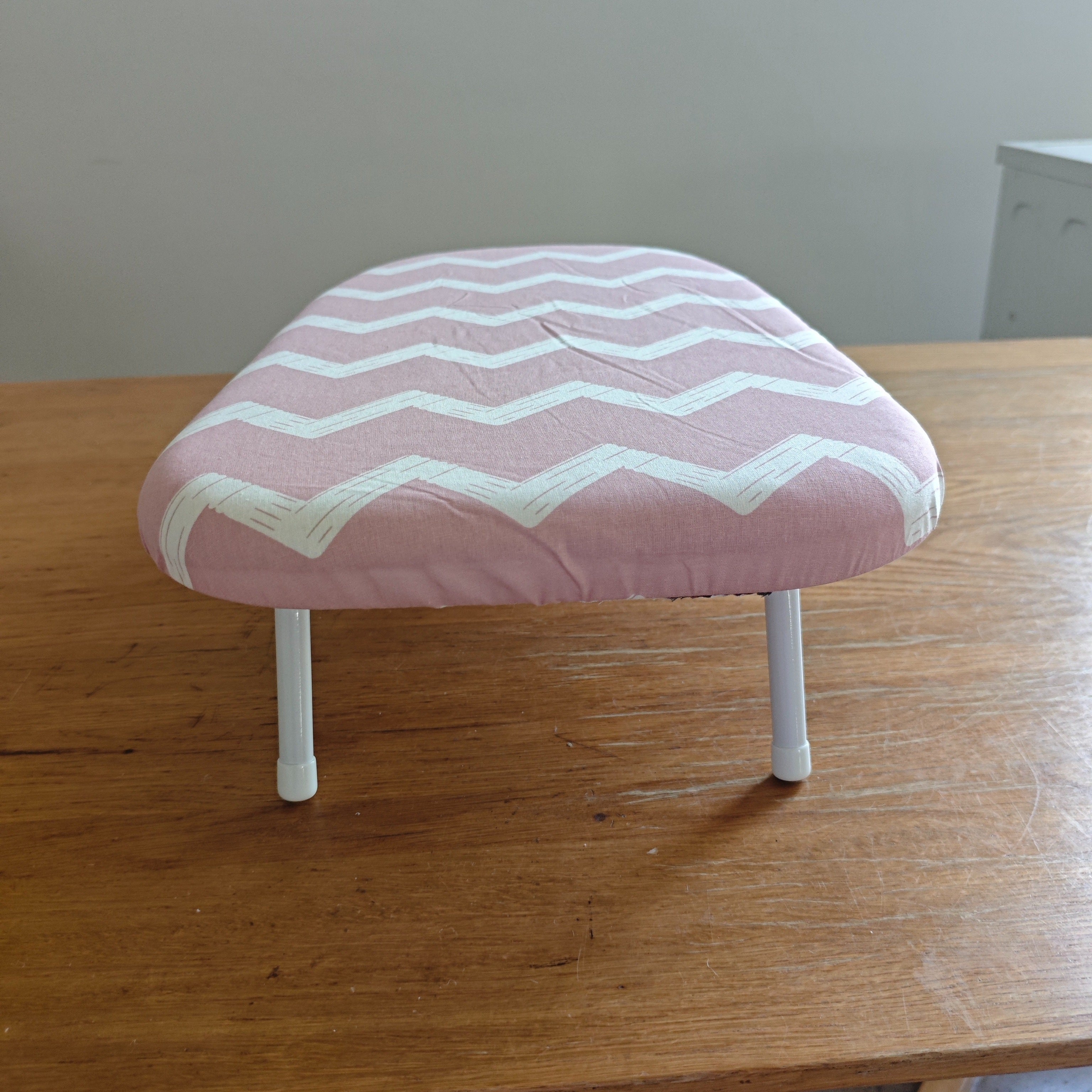 Pink and White Herringbone Foldable Ironing Board with Compact Surface