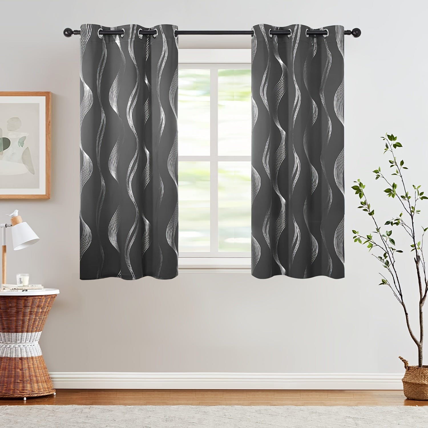 Contemporary Blackout Curtains 2 Pieces Woven Polyester Grommet Top Room Darkening