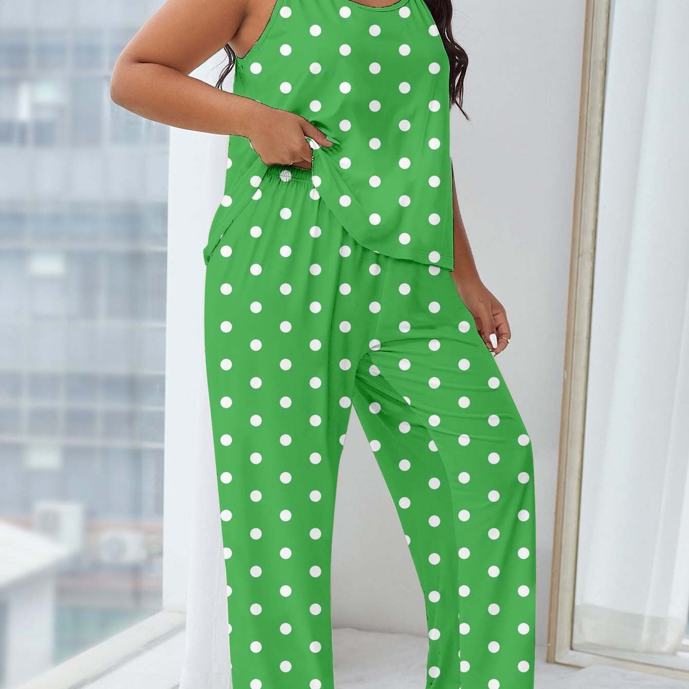 Женский комплект ночной одежды больших размеров с желтым горошком и безрукавными широкими брюками