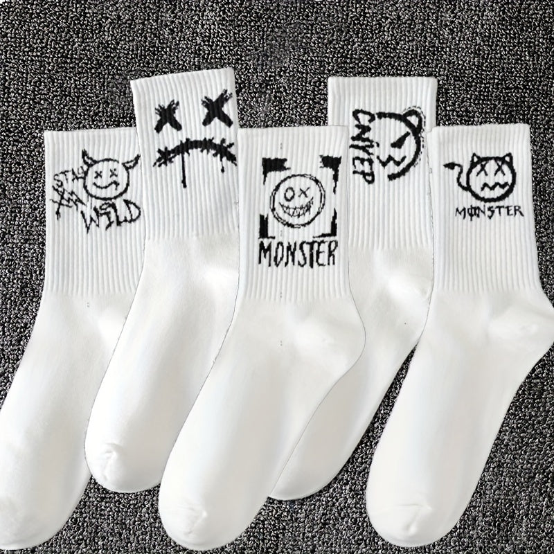Men's Black and White Graffiti Pattern Crew Socks 5 Pairs Breathable Comfortable All Seasons