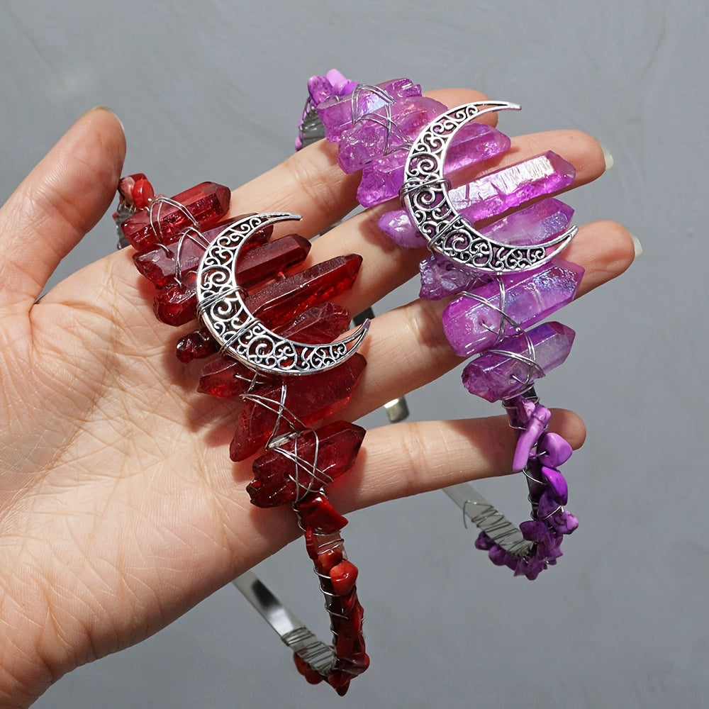 Women's Hair Accessory Headband with Natural Crystal and Moon Tiara Design