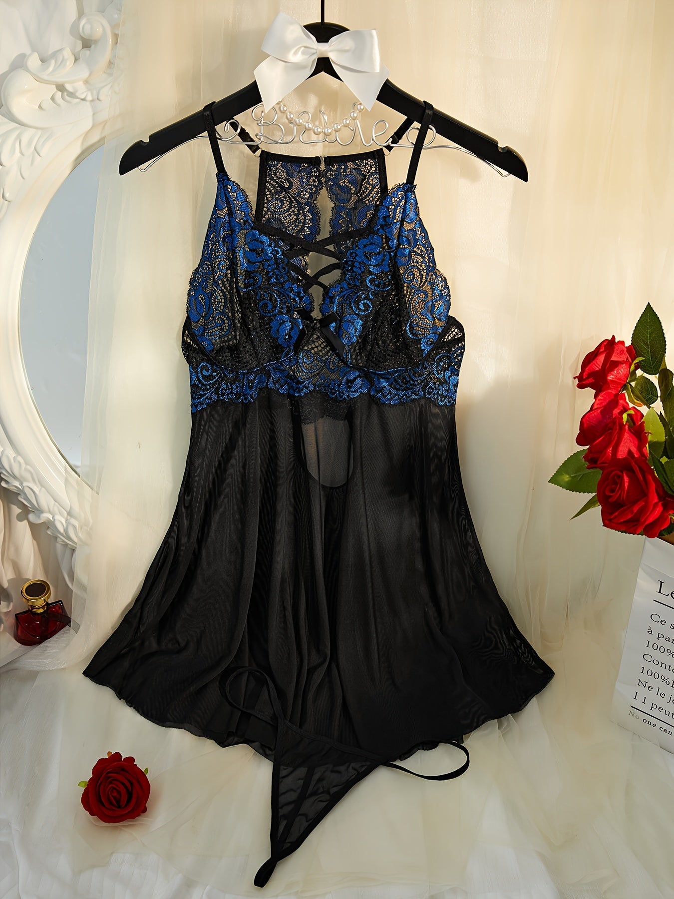 Women's Lace Babydoll Dress with Thong Set Semi-Sheer Colorblock