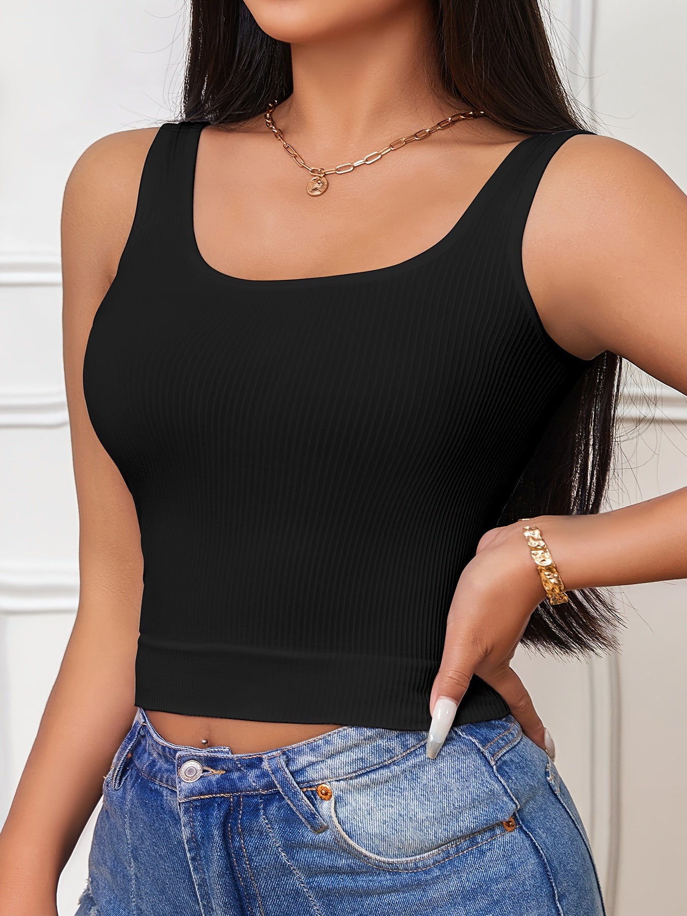 Women's Ribbed Tank Top with High Elasticity Solid Color Slim Fit Sleeveless Vest