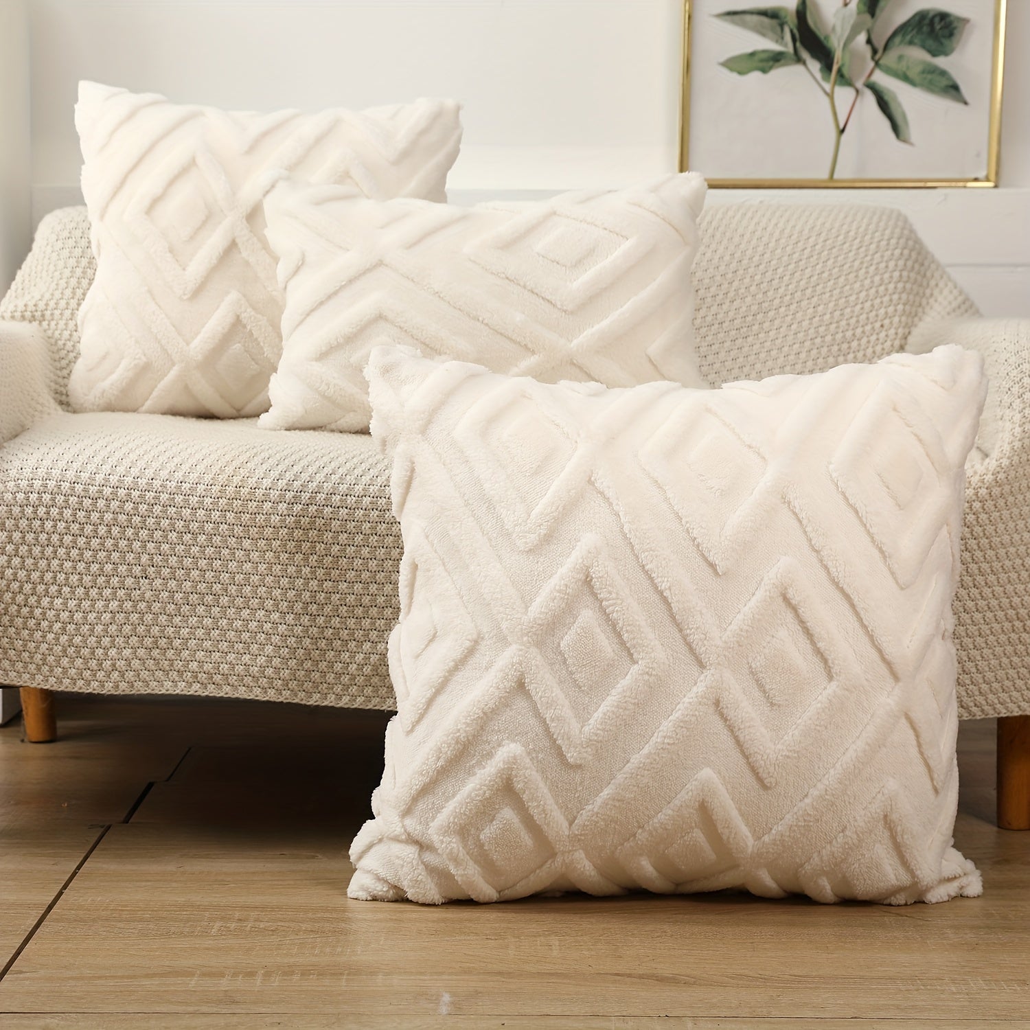 White Bohemian Faux Fur Pillow Cover with Geometric Pattern Zipper Closure for Sofa Bed Car Decor