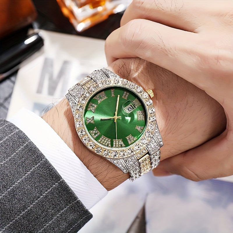 Men's Fashion Rhinestone Calendar Watch with Leather Strap
