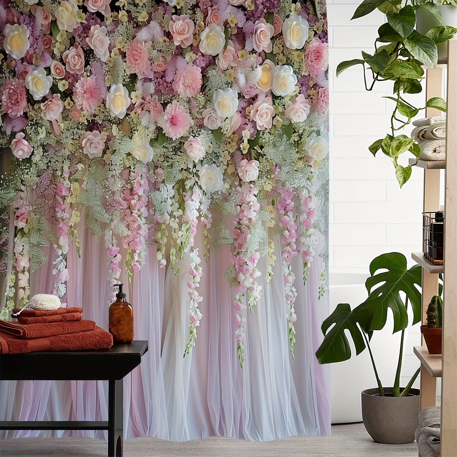 Waterproof Shower Curtain with Vintage Floral Print Water-Resistant Polyester 12 Hooks Included