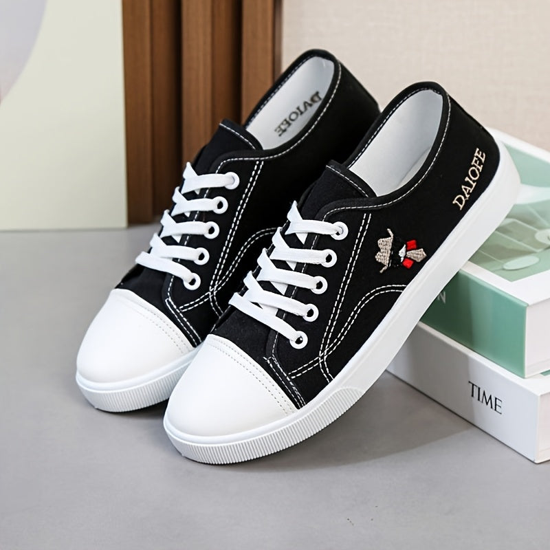 Women's Black White Cartoon Bear Lace-Up Sneakers Low-Top Casual Shoes