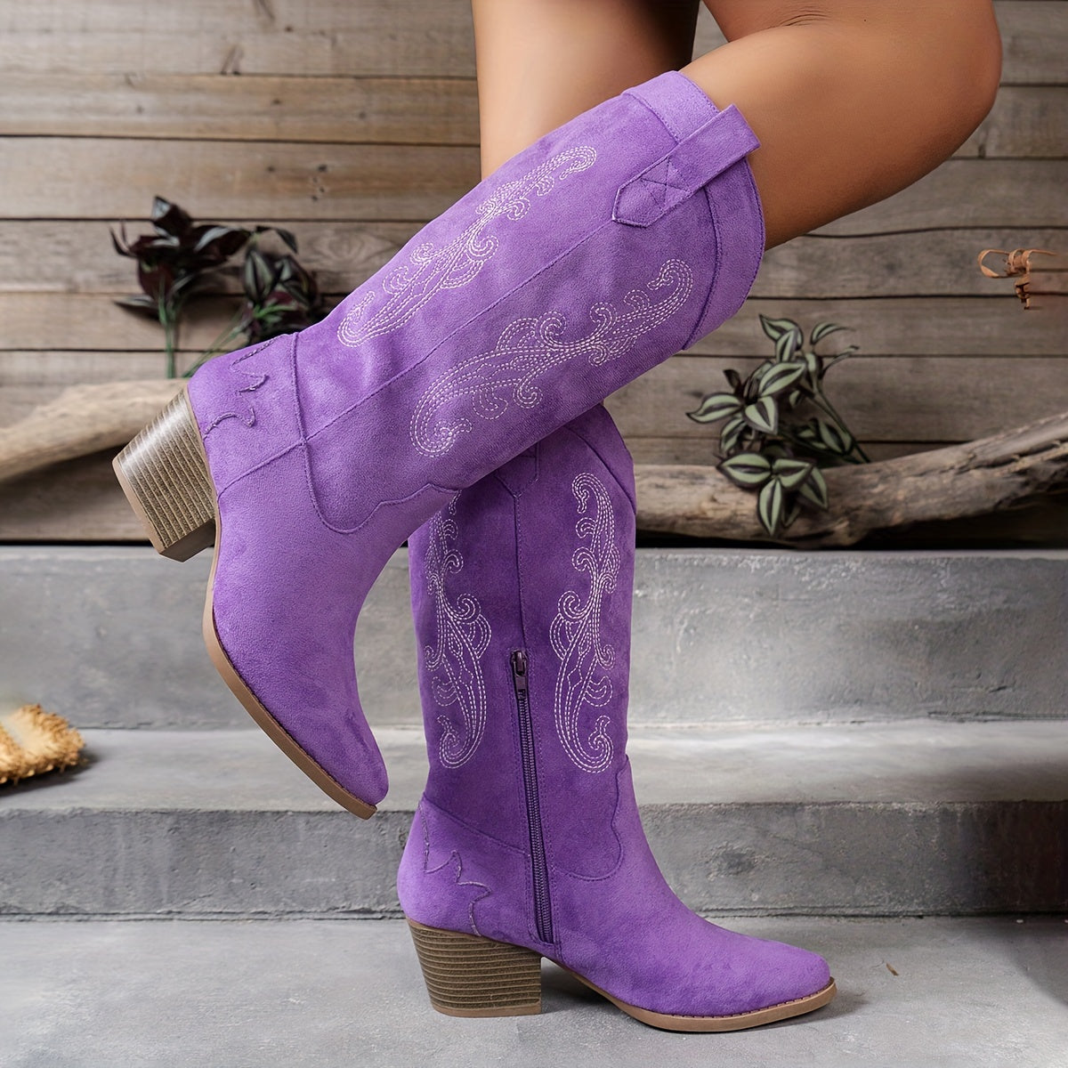 Women's Solid Color Embroidered Boots with Side Zipper Casual Chunky Heel