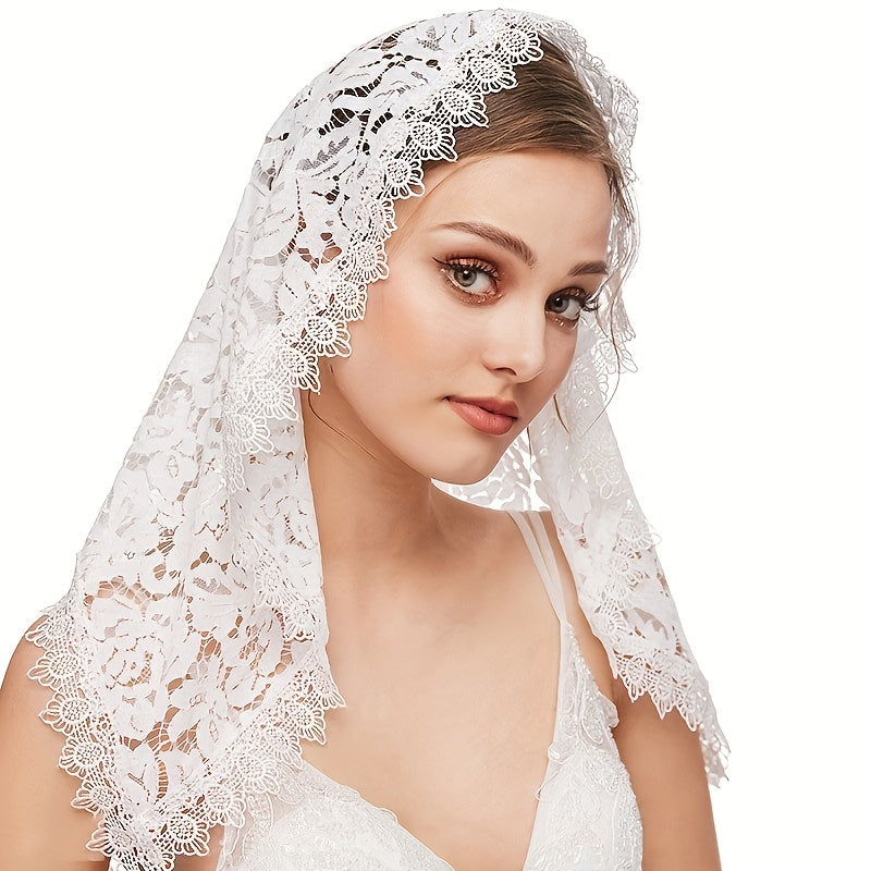 Mantón de encaje para novia con tocado y velo corto de rostro, velo de hombro