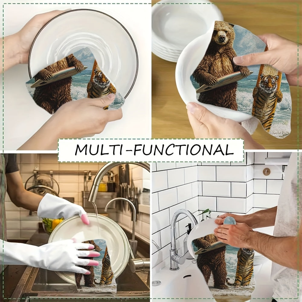 2 Ultra Soft Kitchen Towels Surfer Bear Tiger Designs 16x24 Inches Absorbent