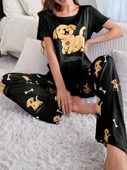 Women's Sleepwear Set with Puppy Print Short Sleeve Top and Elastic Pants
