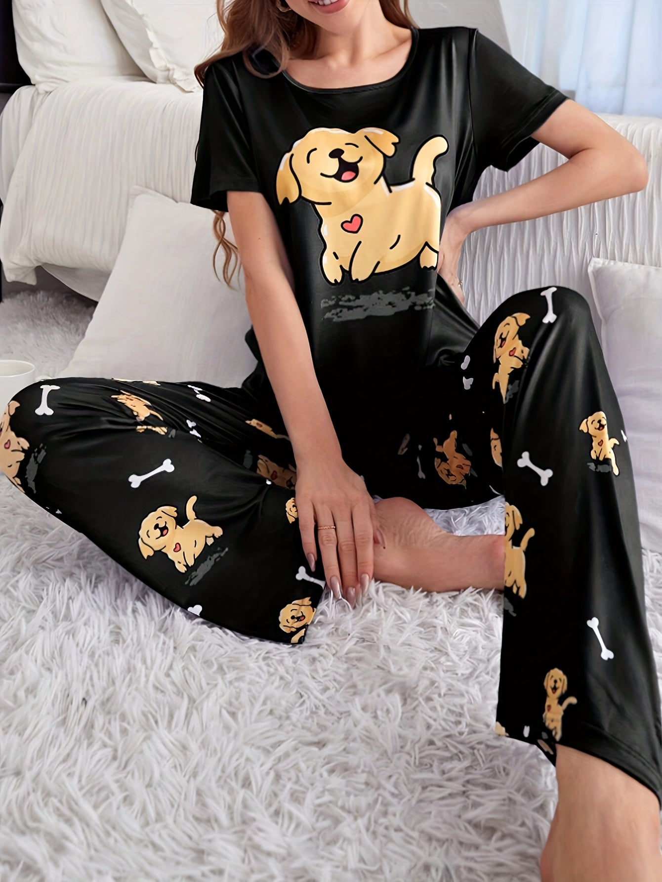 Women's Sleepwear Set with Puppy Print Short Sleeve Top and Elastic Pants