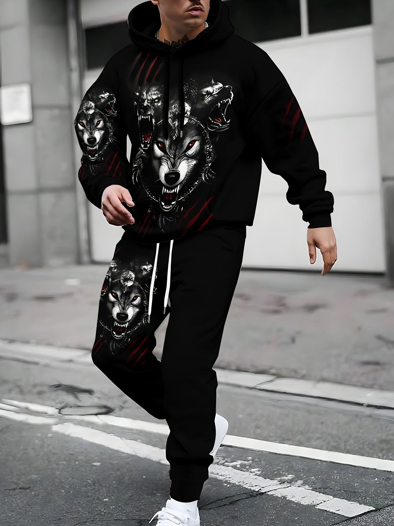 Men's Plus Size Wolf Print Hoodie and Pants Set Athletic Casual Spring Autumn