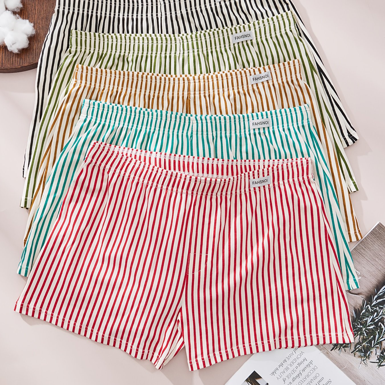 Men's Cotton Blend Striped Boxer Briefs Set of 5 Breathable Comfortable Underwear