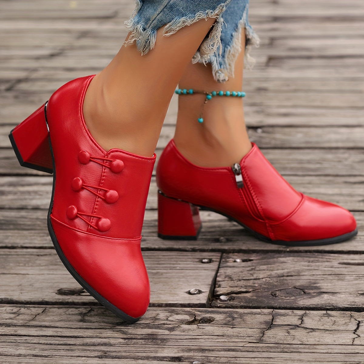 Women's Solid Color Block Heel Pumps with Side Zipper and Slip-On Design