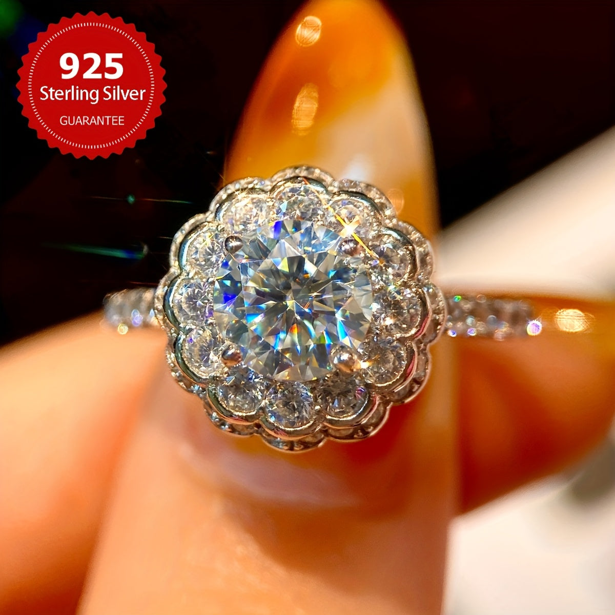 1 Carat Moissanite Engagement Ring in Sterling Silver Wedding Band for Her