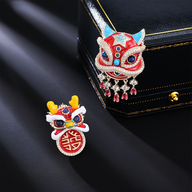 Vintage Chinese Lion Brooch with Glass Rhinestones Animal Lapel Pin Jewelry