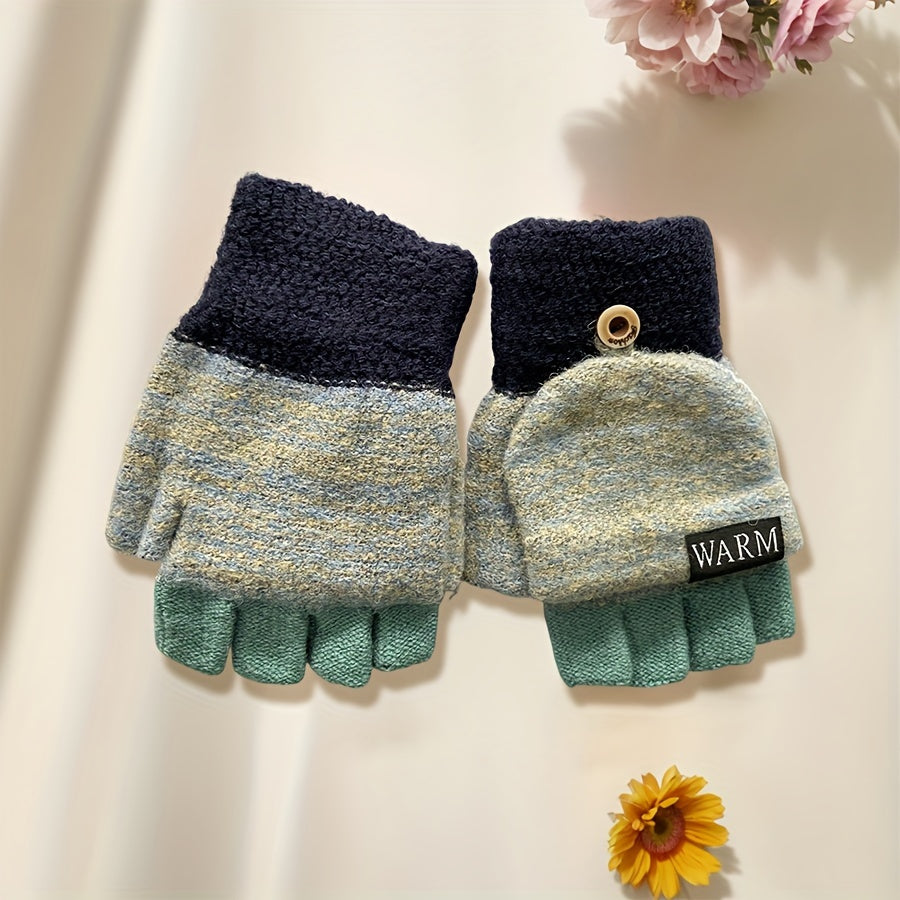 Women's Convertible Knit Gloves Windproof Cold-Resistant Cashmere Half-Finger with Flip Cover