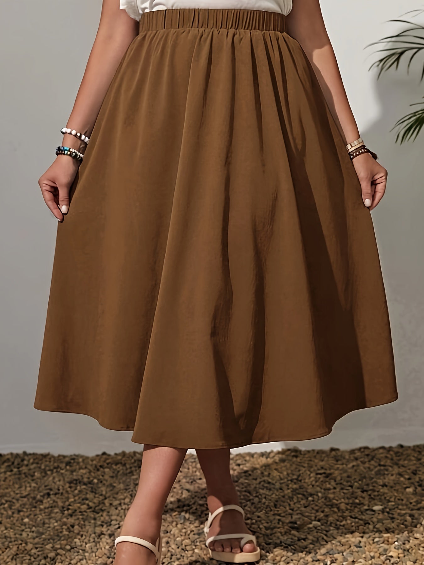 Women's Elastic Waist Skirt Black Midi Casual Office Wear