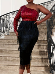 Vestido de lentejuelas de talla grande con borlas, de un solo hombro, para fiesta y banquete, manga larga