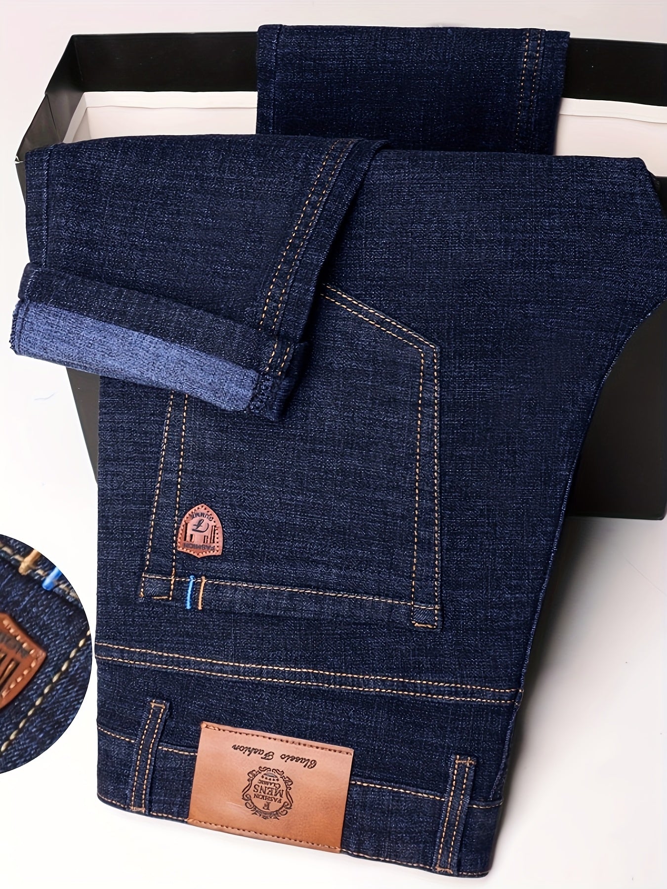 Мужские узкие эластичные хлопковые деловые повседневные джинсы синий классический крой