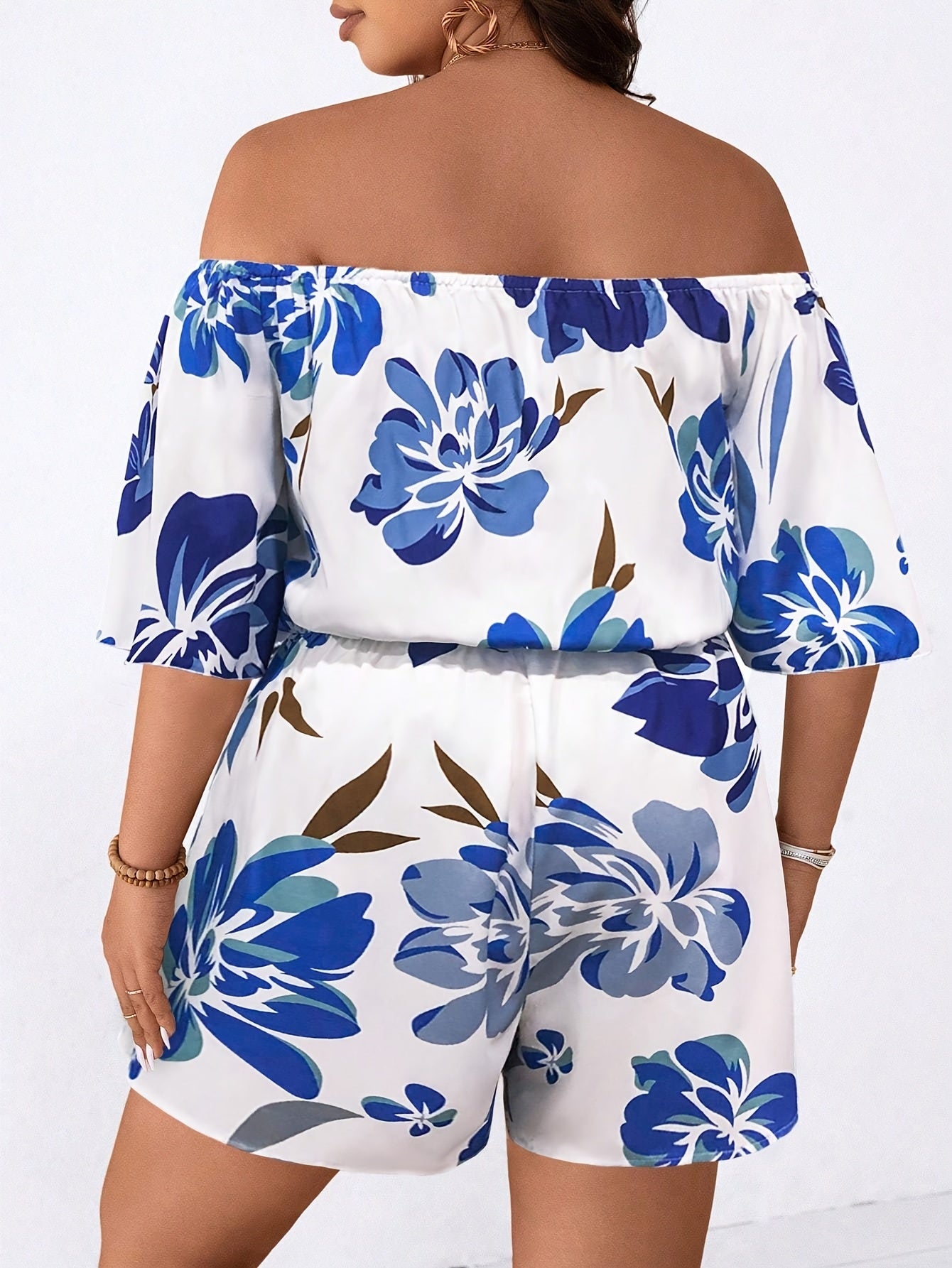Plus Size Women's Off Shoulder Floral Jumpsuit Ruffled Hem Summer Casual