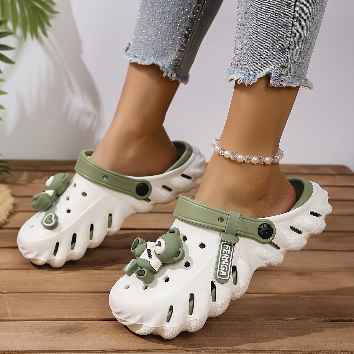 Women's Thick-Soled Clogs with Bear Decor, Hollow-Out Design, Breathable Summer Shoes